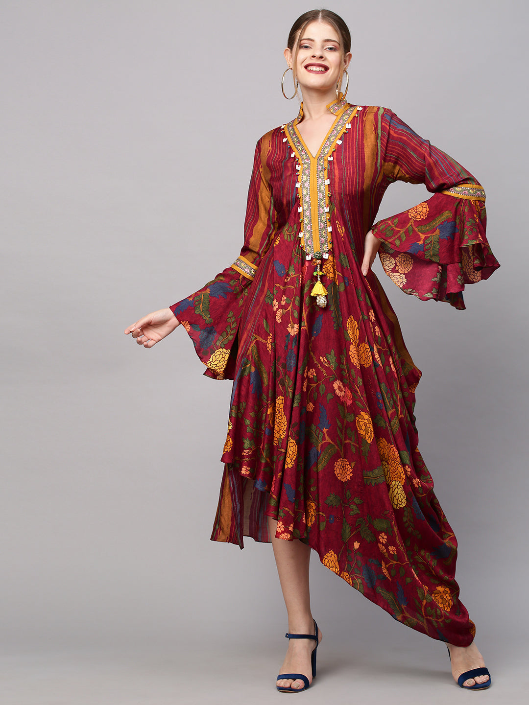 Floral & Stripes Printed Embroidered Midi Flared Cowl Dress - Dark Red
