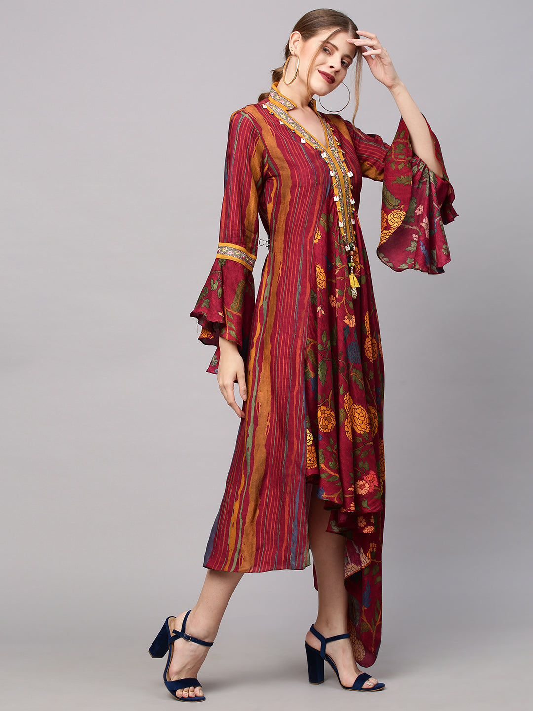 Floral & Stripes Printed Embroidered Midi Flared Cowl Dress - Dark Red