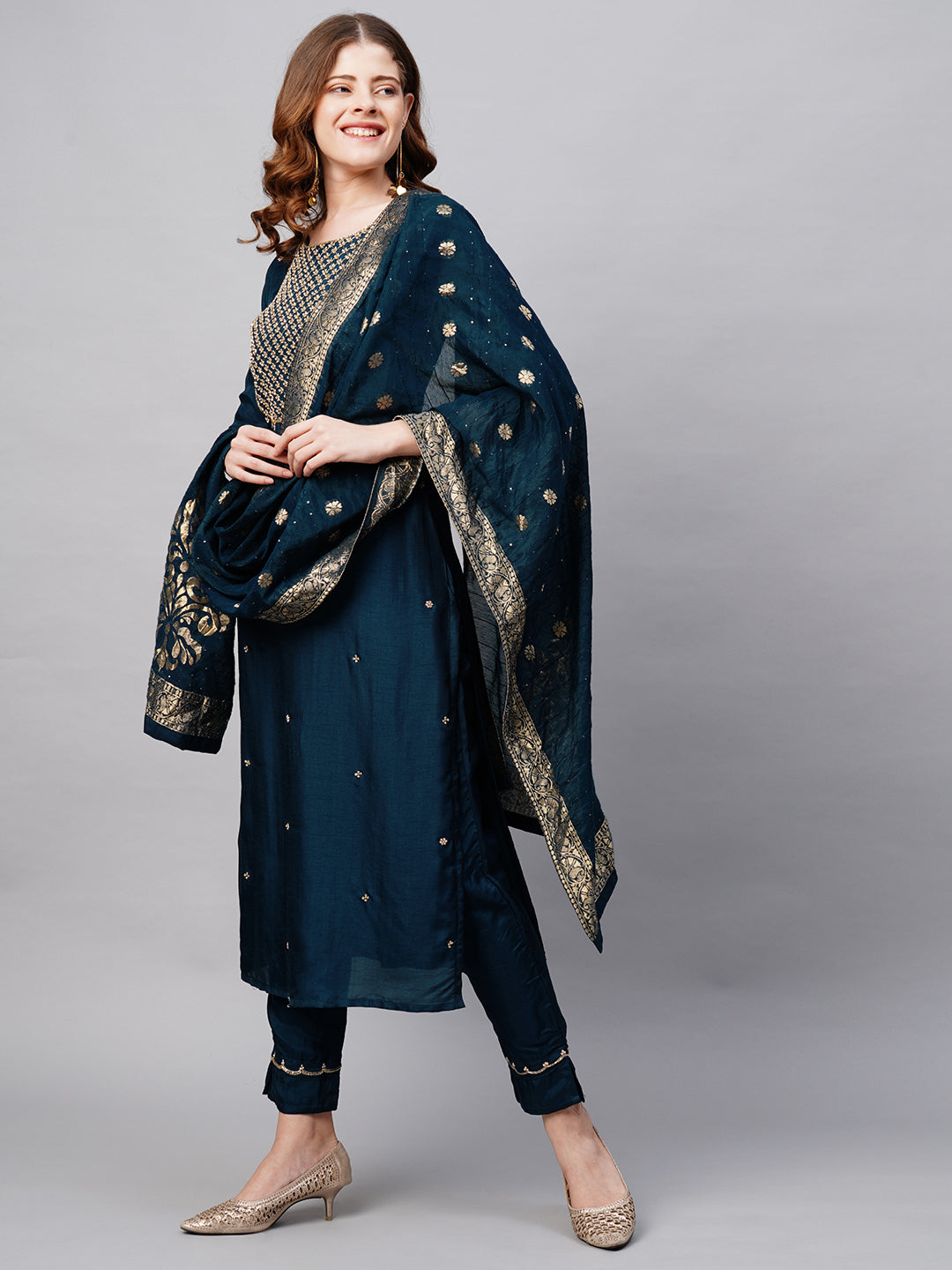 Floral Hand Embroidered Straight Kurta with Pants and Dupatta - Persian Blue