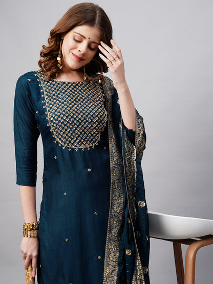 Floral Hand Embroidered Straight Kurta with Pants and Dupatta - Persian Blue