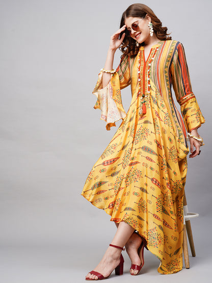 Floral & Stripes Printed Embroidered Midi Flared Cowl Dress - Yellow