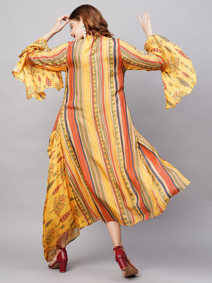 Floral & Stripes Printed Embroidered Midi Flared Cowl Dress - Yellow