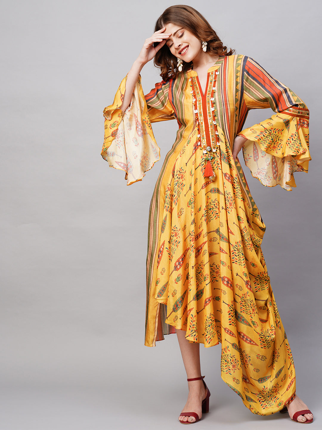 Floral & Stripes Printed Embroidered Midi Flared Cowl Dress - Yellow