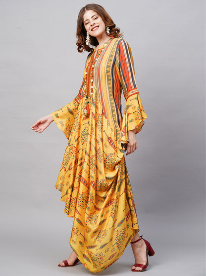 Floral & Stripes Printed Embroidered Midi Flared Cowl Dress - Yellow