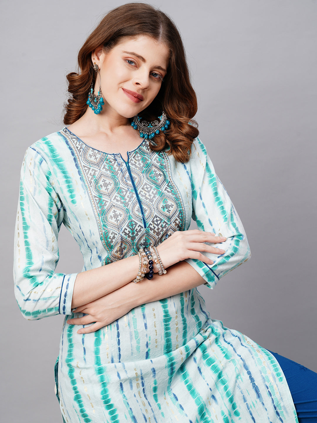Ethnic Tie-Dye Printed Straight Fit Kurta - Light Aqua Blue
