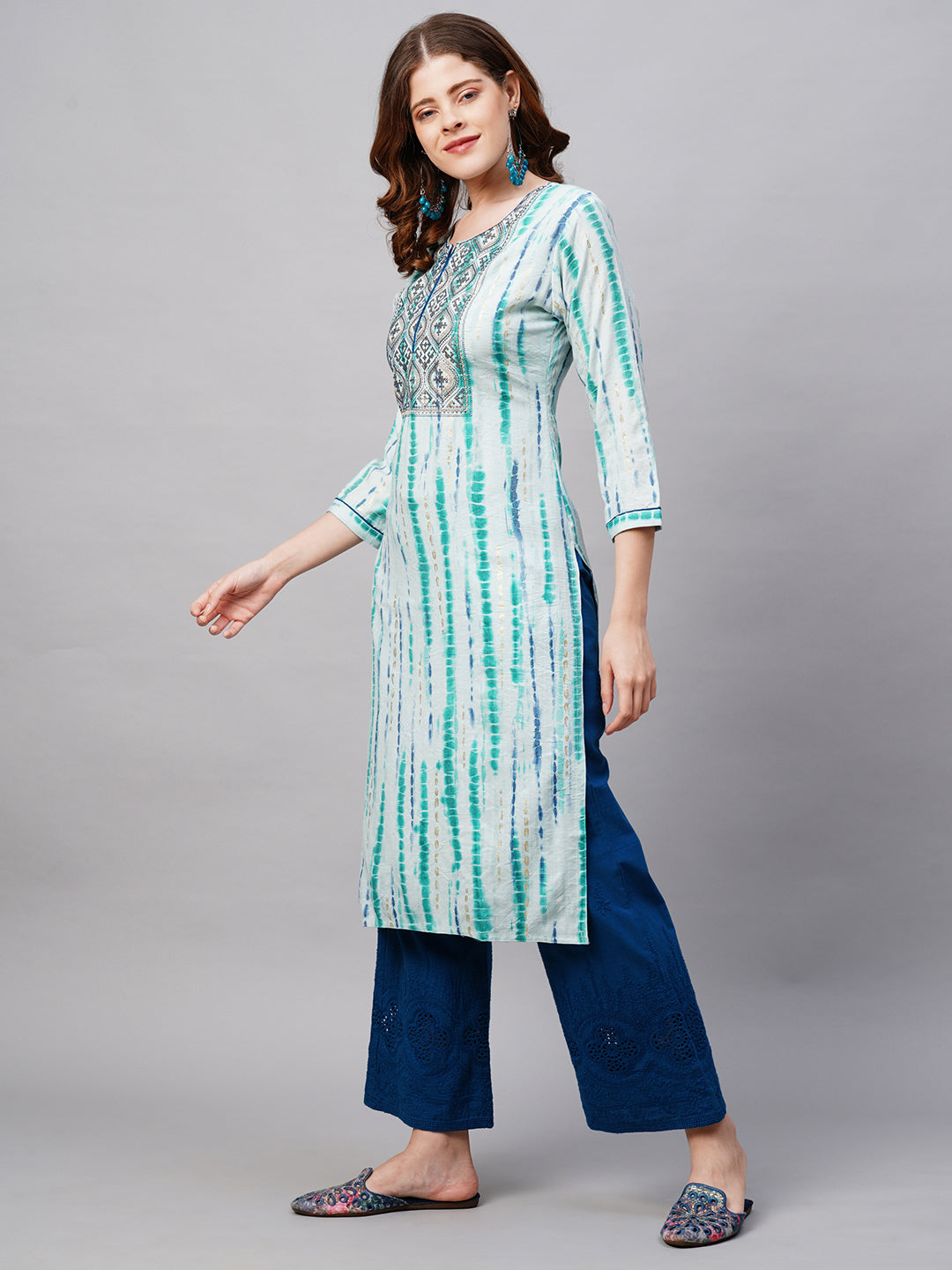 Ethnic Tie-Dye Printed Straight Fit Kurta - Light Aqua Blue