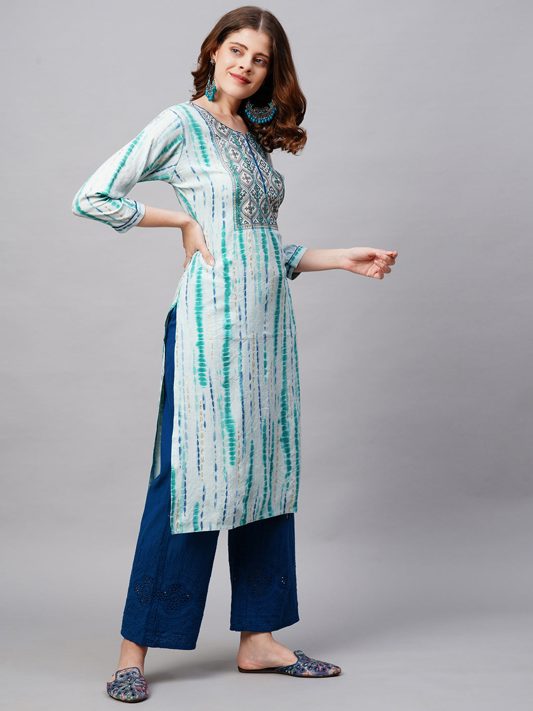 Ethnic Tie-Dye Printed Straight Fit Kurta - Light Aqua Blue