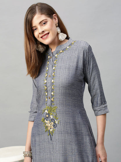 Floral Hand Embroidered & Woven Straight Kurta with Pants - Pigeon Blue