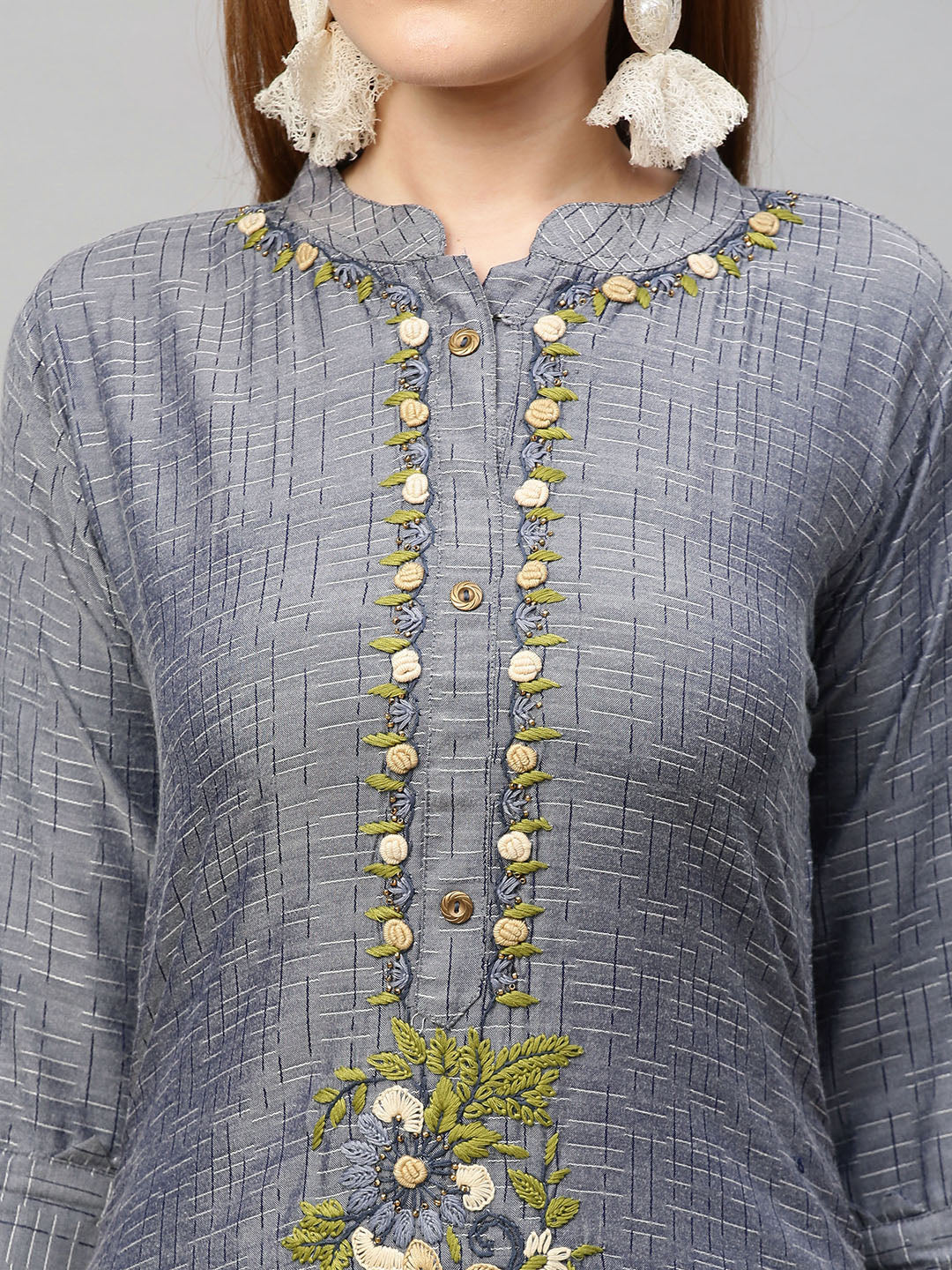 Floral Hand Embroidered & Woven Straight Kurta with Pants - Pigeon Blue