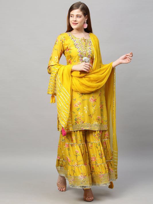 Floral Printed & Hand Embroidered Kurta with Sharara and Dupatta - Yellow