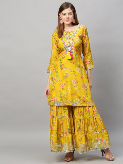 Floral Printed & Hand Embroidered Kurta with Sharara and Dupatta - Yellow