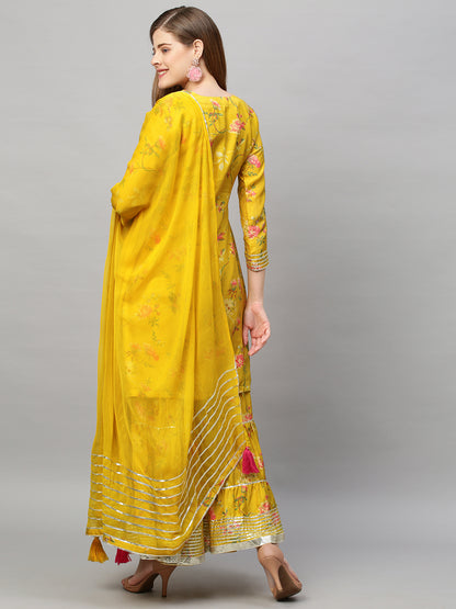 Floral Printed & Hand Embroidered Kurta with Sharara and Dupatta - Yellow