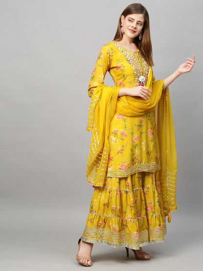 Floral Printed & Hand Embroidered Kurta with Sharara and Dupatta - Yellow