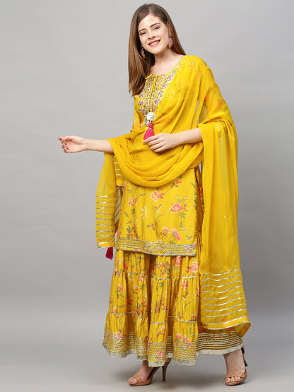 Floral Printed & Hand Embroidered Kurta with Sharara and Dupatta - Yellow