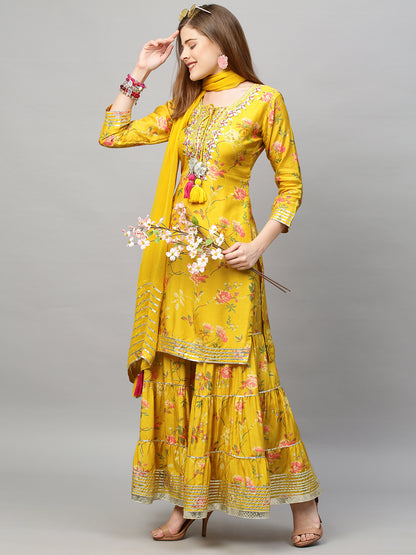 Floral Printed & Hand Embroidered Kurta with Sharara and Dupatta - Yellow