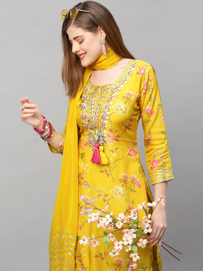 Floral Printed & Hand Embroidered Kurta with Sharara and Dupatta - Yellow