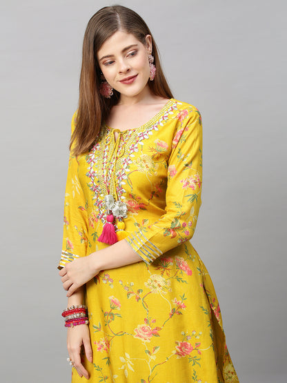 Floral Printed & Hand Embroidered Kurta with Sharara and Dupatta - Yellow