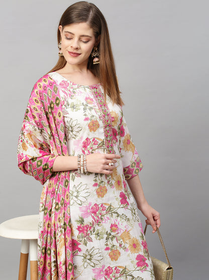Floral Printed Straight Fit Kurta with Pants and Dupatta - White