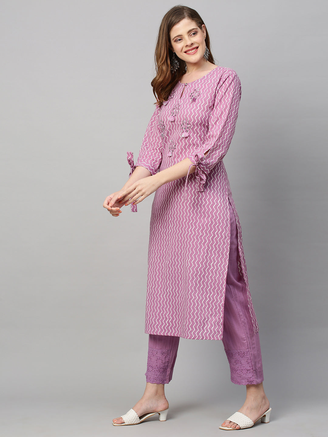 Ethnic Printed & Embroidered Straight Fit Kurta with Pants - Purple