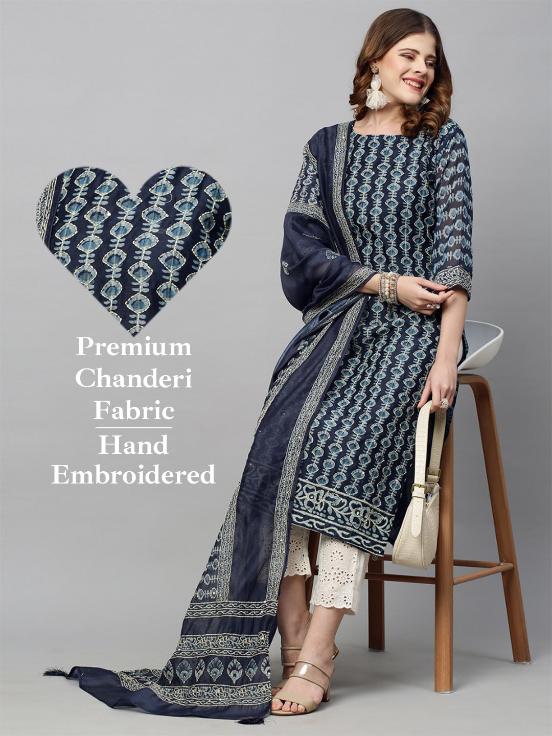 Kantha Hand Embroidered Ethnic Printed Kurta & Dupatta - Prussian Blue