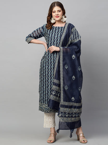 Kantha Hand Embroidered Ethnic Printed Kurta & Dupatta - Prussian Blue