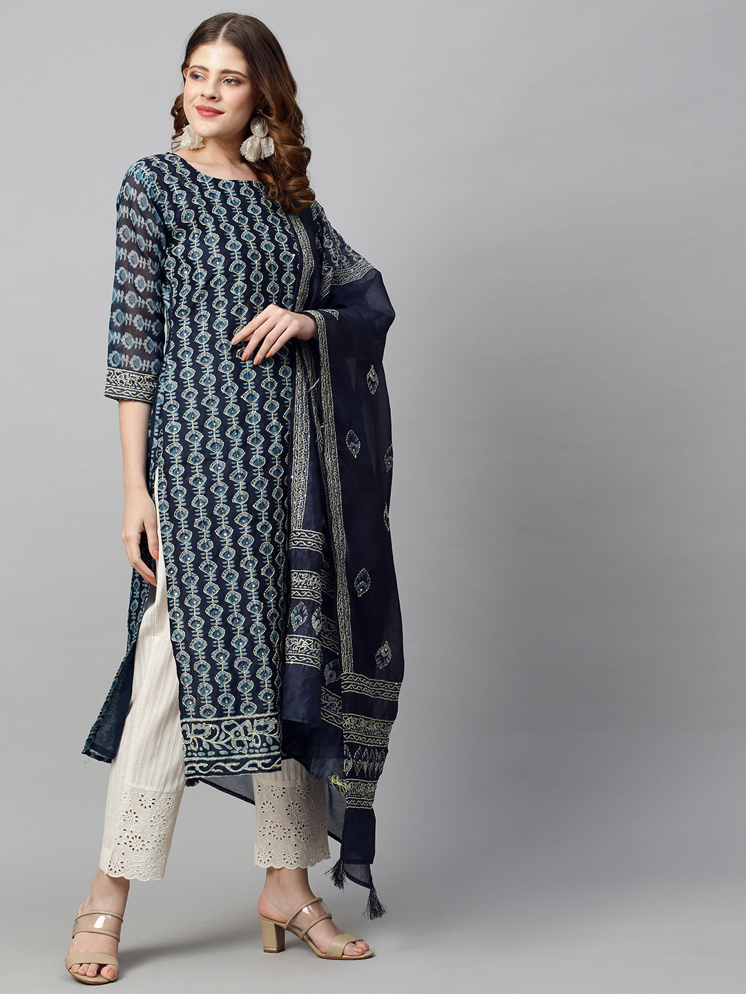 Kantha Hand Embroidered Ethnic Printed Kurta & Dupatta - Prussian Blue