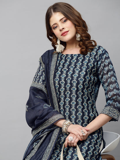 Kantha Hand Embroidered Ethnic Printed Kurta & Dupatta - Prussian Blue