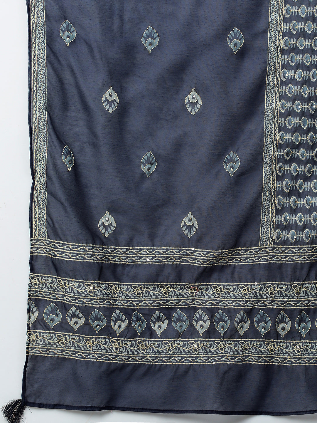 Kantha Hand Embroidered Ethnic Printed Kurta & Dupatta - Prussian Blue