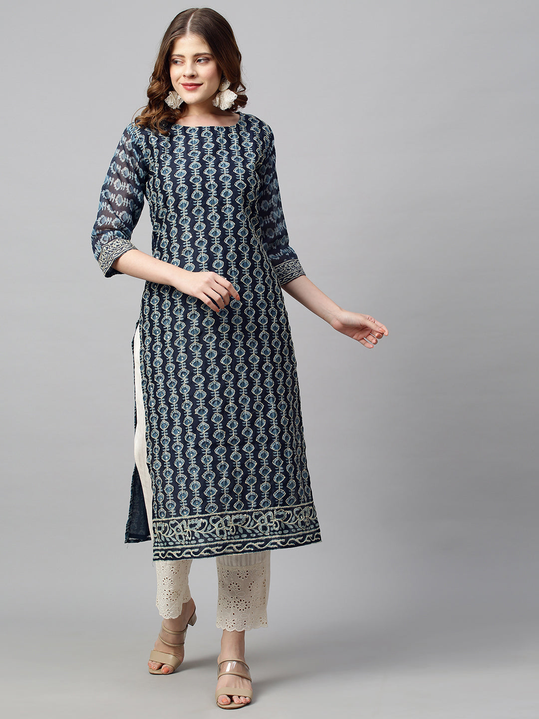 Kantha Hand Embroidered Ethnic Printed Kurta & Dupatta - Prussian Blue