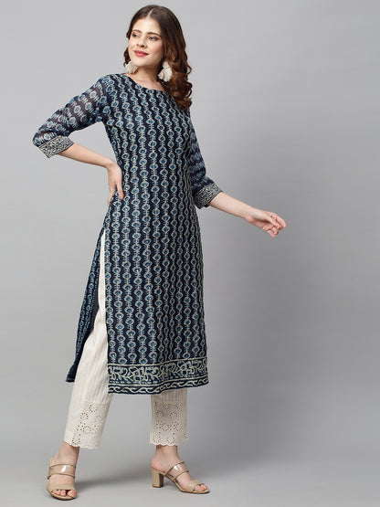 Kantha Hand Embroidered Ethnic Printed Kurta & Dupatta - Prussian Blue