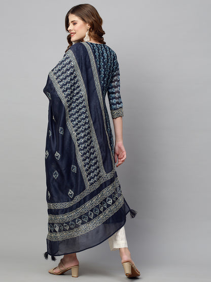 Kantha Hand Embroidered Ethnic Printed Kurta & Dupatta - Prussian Blue