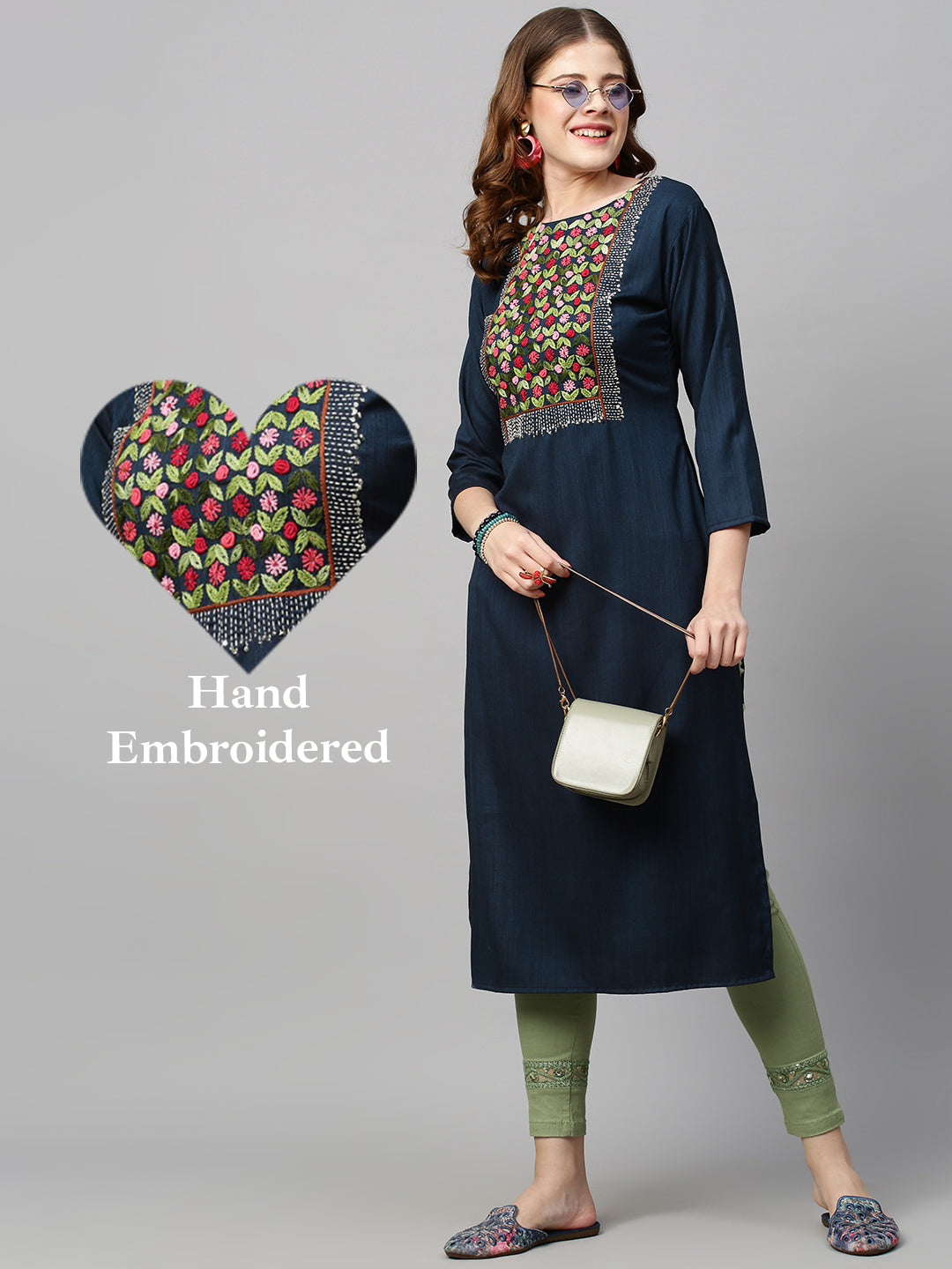 Floral Hand Embroidered Straight Fit Kurta - Navy Blue