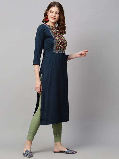 Floral Hand Embroidered Straight Fit Kurta - Navy Blue