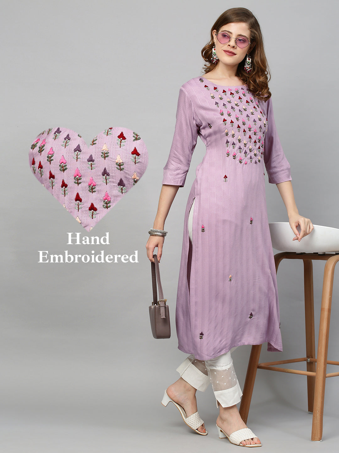 Ethnic Hand Embroidered & Woven Texture Straight Fit Kurta - Lilac