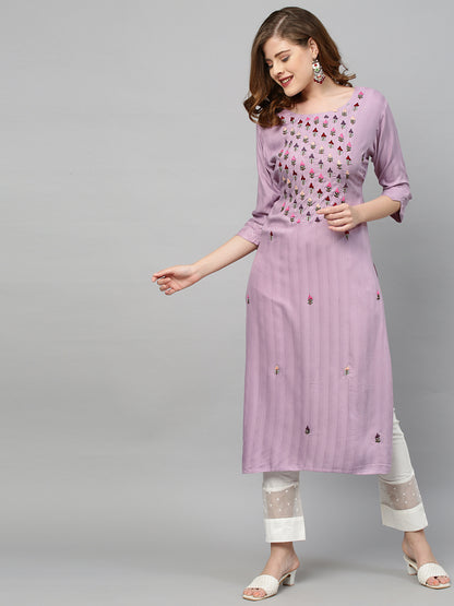 Ethnic Hand Embroidered & Woven Texture Straight Fit Kurta - Lilac