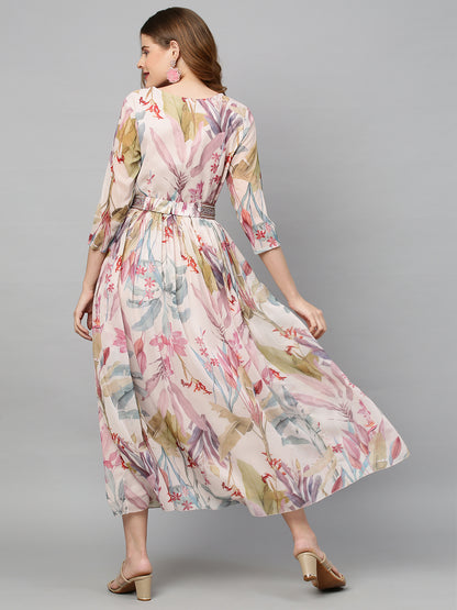 Floral Printed & Hand Embroidered Flared Maxi Dress with Belt - Multi