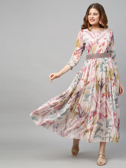 Floral Printed & Hand Embroidered Flared Maxi Dress with Belt - Multi