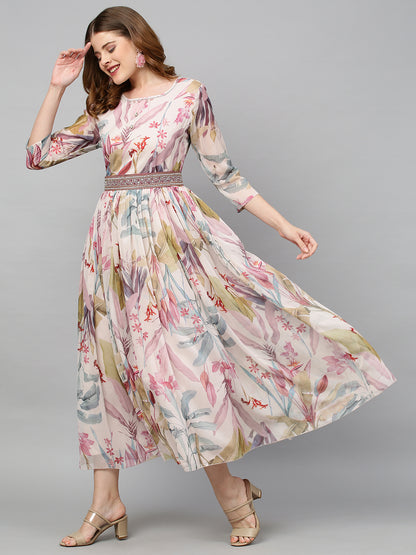 Floral Printed & Hand Embroidered Flared Maxi Dress with Belt - Multi