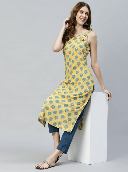 Ethnic Printed & Embroidered Straight Fit Kurta - Yellow