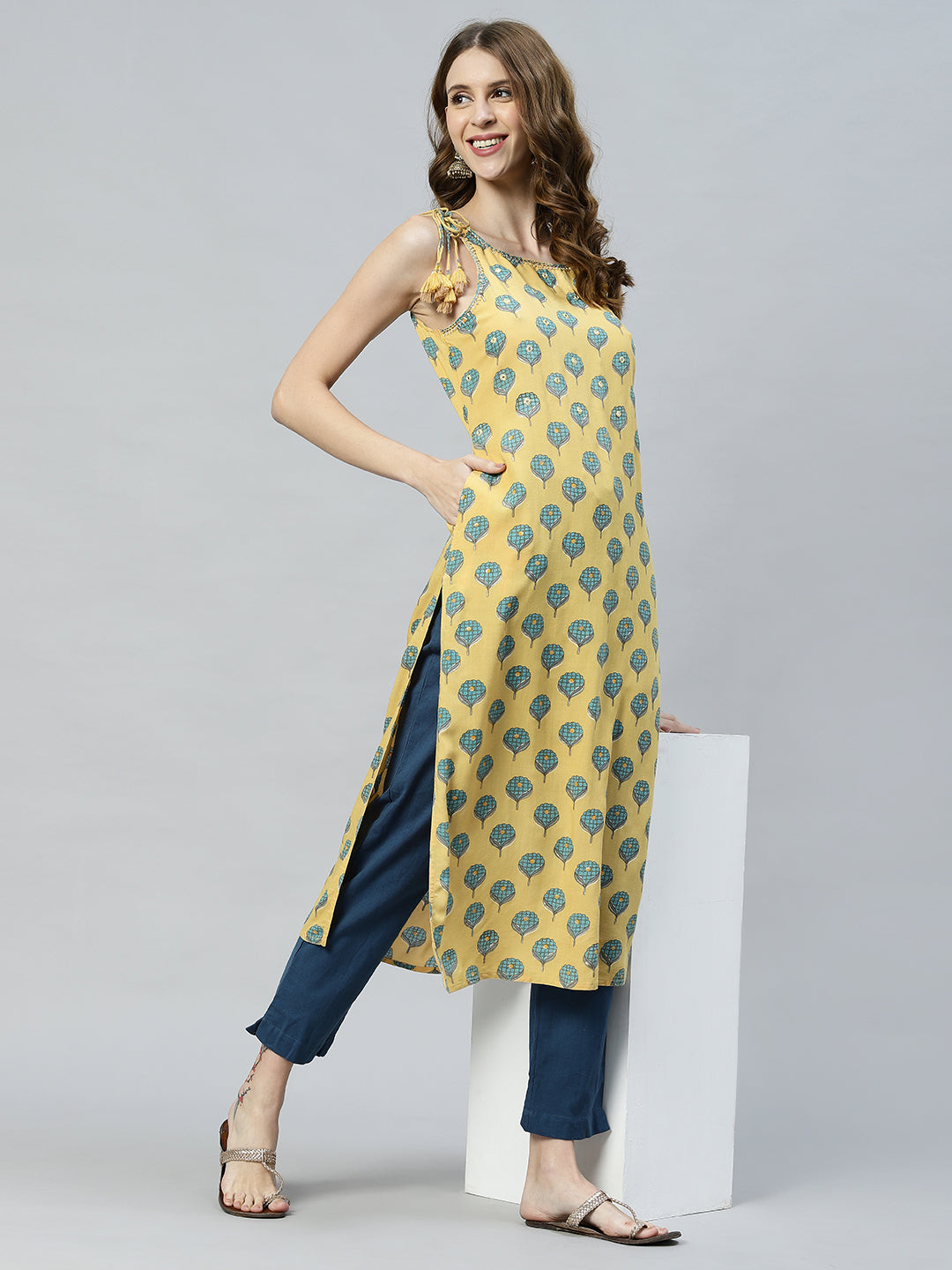 Ethnic Printed & Embroidered Straight Fit Kurta - Yellow