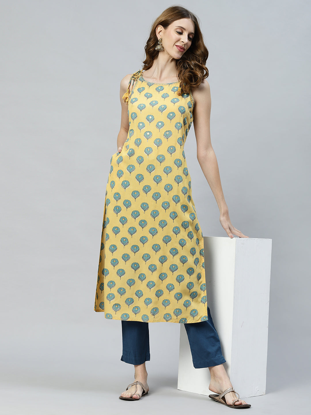 Ethnic Printed & Embroidered Straight Fit Kurta - Yellow