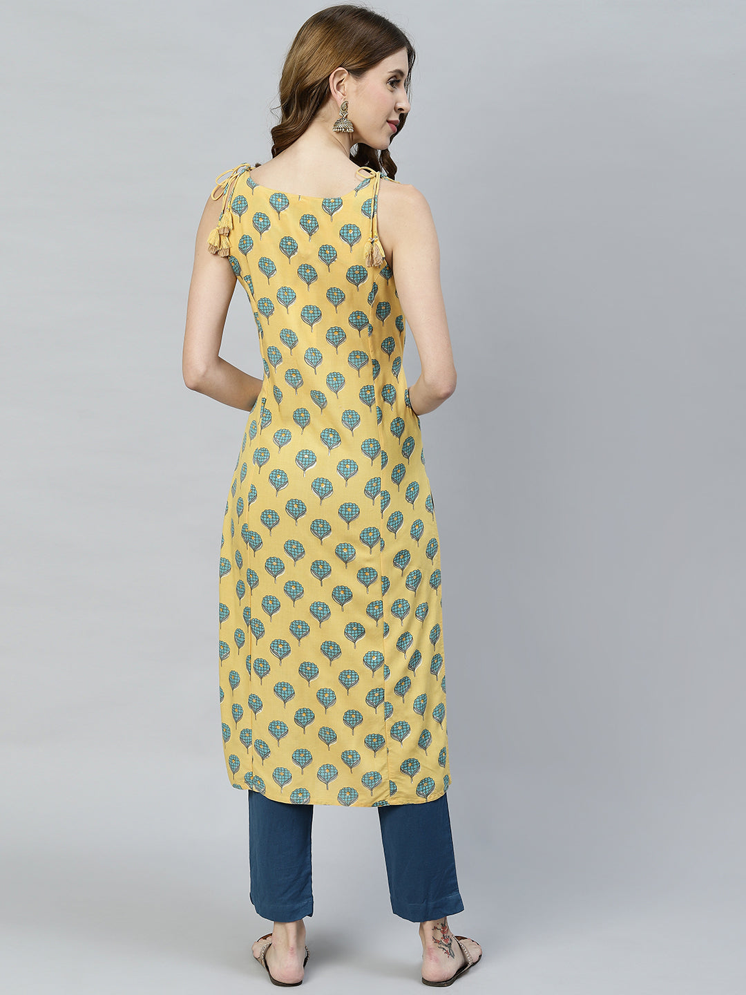 Ethnic Printed & Embroidered Straight Fit Kurta - Yellow