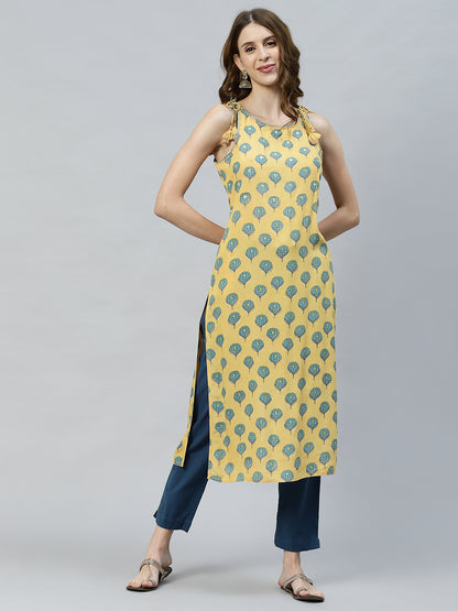 Ethnic Printed & Embroidered Straight Fit Kurta - Yellow