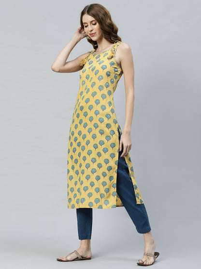 Ethnic Printed & Embroidered Straight Fit Kurta - Yellow