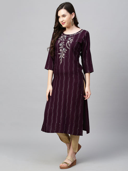 Floral Hand Embroidered & Lurex Striped Straight Fit Kurta - Deep Wine