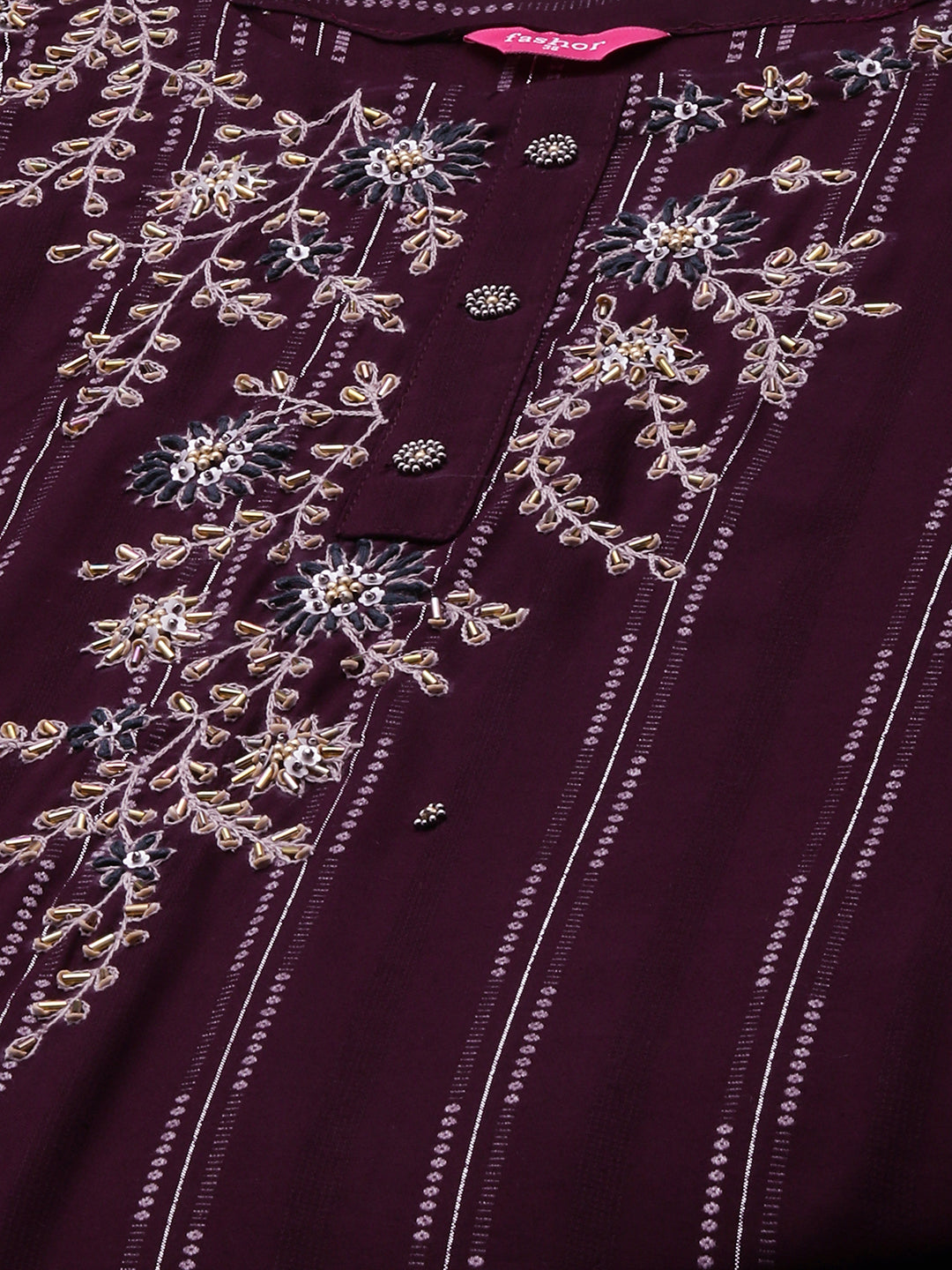 Floral Hand Embroidered & Lurex Striped Straight Fit Kurta - Deep Wine