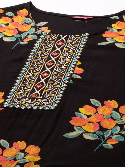 Floral Printed & Embroidered Straight Fit Kurta - Black