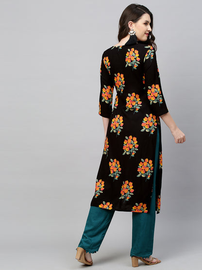 Floral Printed & Embroidered Straight Fit Kurta - Black