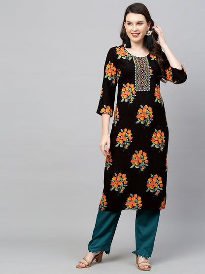 Floral Printed & Embroidered Straight Fit Kurta - Black