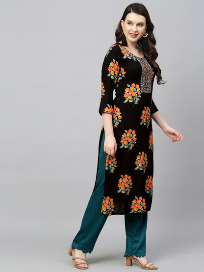 Floral Printed & Embroidered Straight Fit Kurta - Black